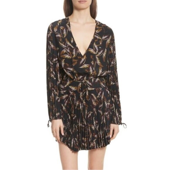 A.L.C. Rory Black Silk Pleated Balloon Sleeve Frond Print 
Cocktail Mini Dress - Picture 1 of 14